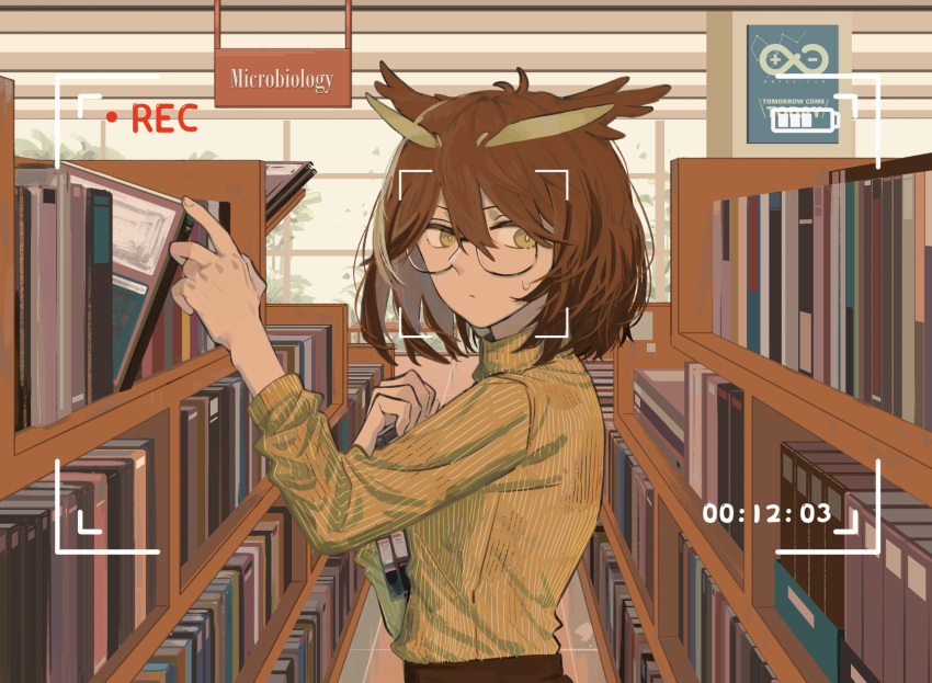 1girl, arknights, book, bookshelf, brown_hair, english_text, engrish_text, feather_hair