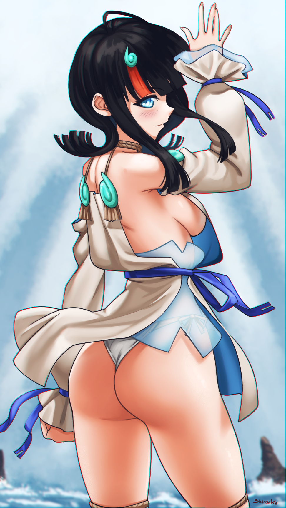 1girl, ass, back, bangs, bare_shoulders, black_hair, blue_eyes, blue_ribbon