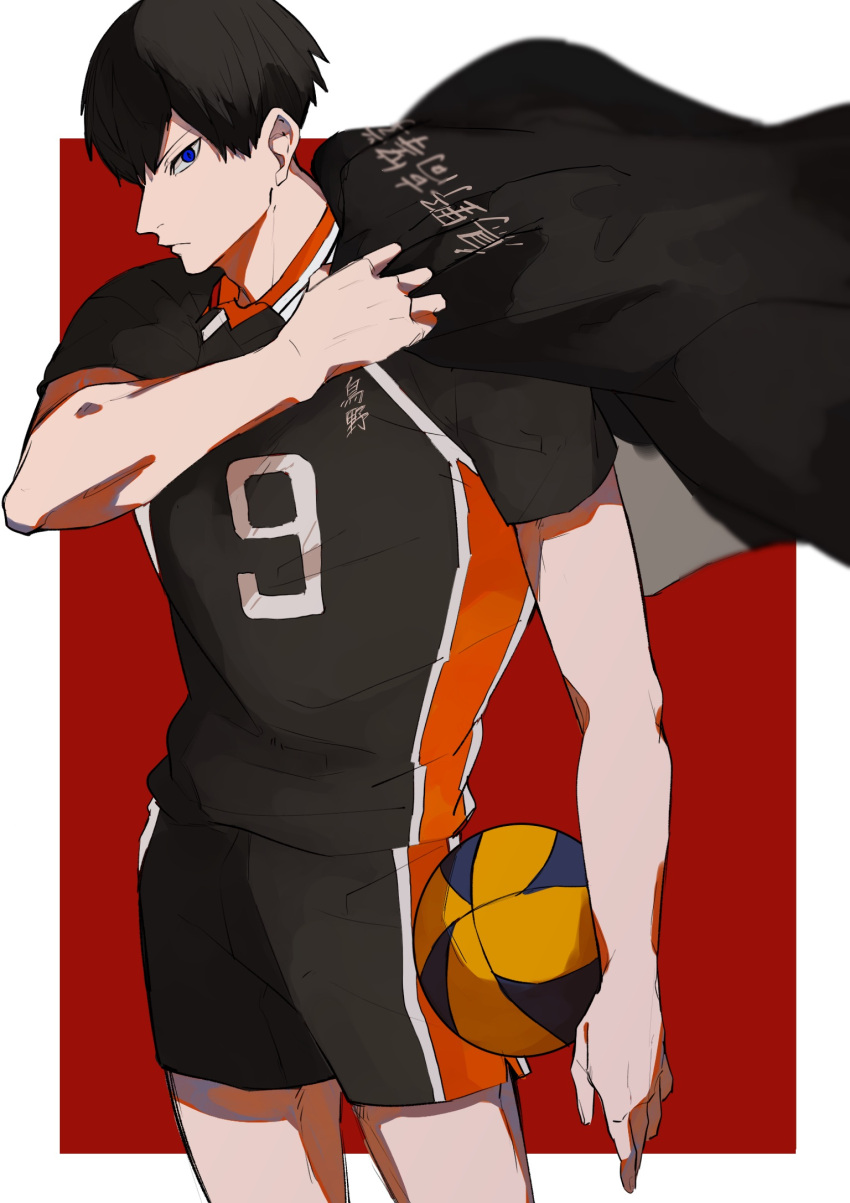 1boy, ball, bangs, black_hair, blue_eyes, border, haikyuu!!, highres, holding, holding_ball, jacket, jacket_on_shoulders, kageyama_tobio, looking_at_viewer, male_focus, profile, red_background, short_hair, simple_background, solo, sportswear, standing, tatami06, volleyball_uniform