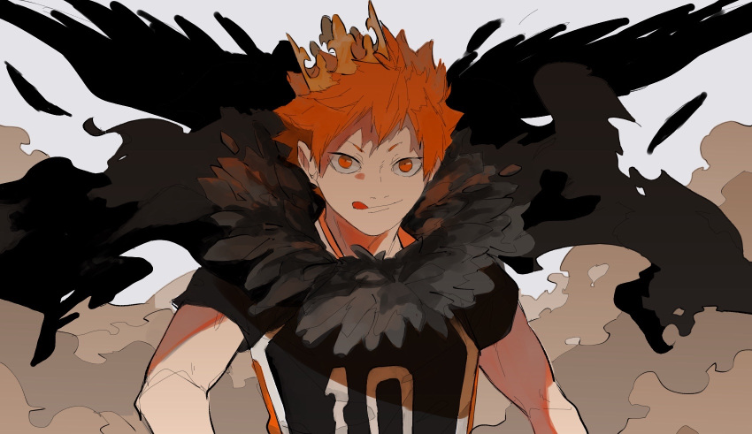 1boy, :q, bangs, crown, fur_collar, haikyuu!!, highres, hinata_shouyou, looking_at_viewer, male_focus, orange_eyes, orange_hair, short_hair, smile, solo, sportswear, tatami06, tongue, tongue_out, upper_body, volleyball_uniform