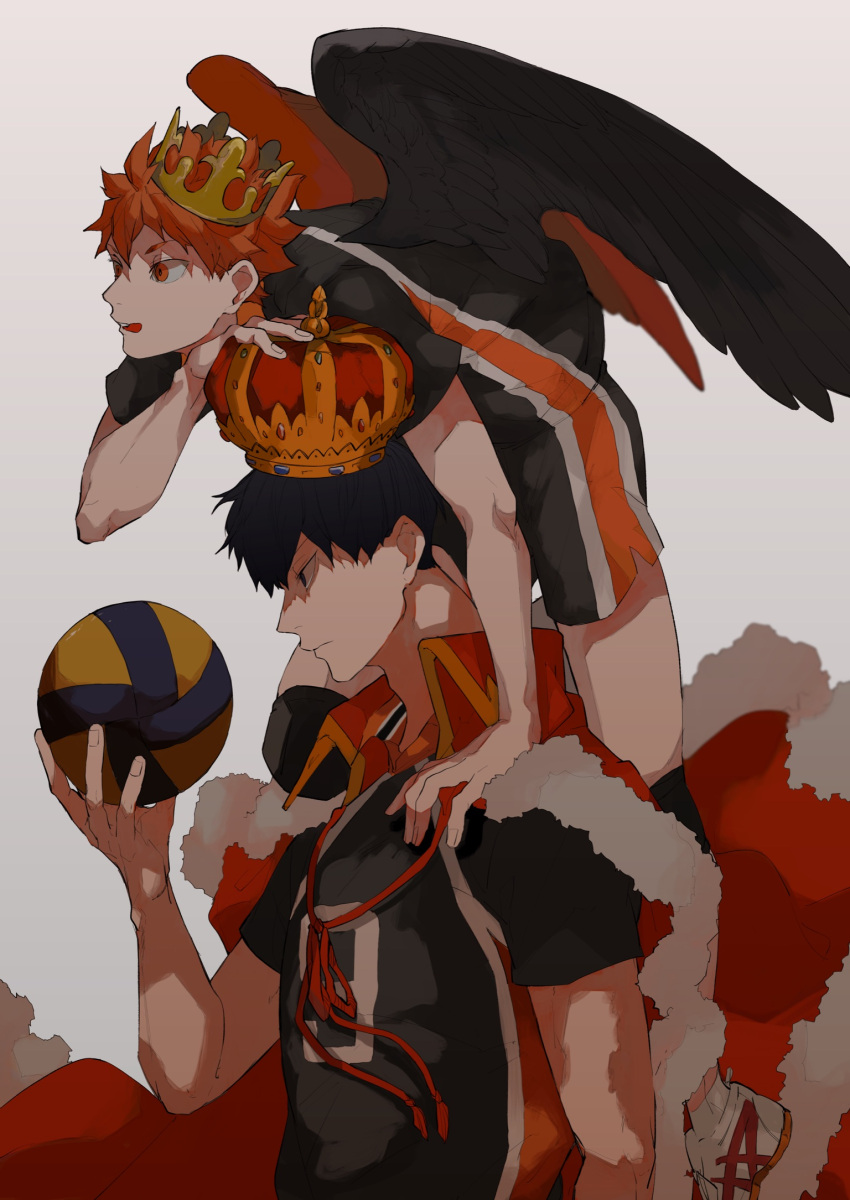 2boys, ball, bangs, black_hair, cape, crown, fur_trim, haikyuu!!