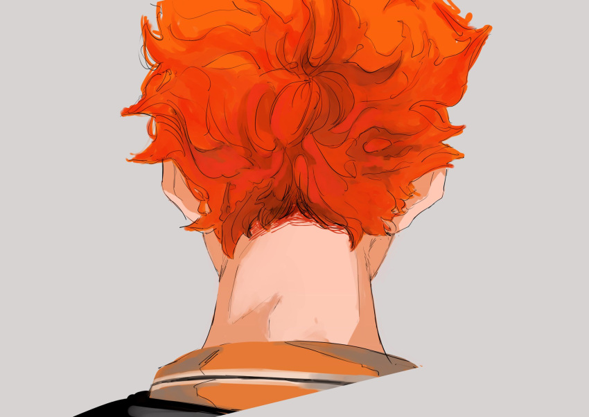 1boy, from_behind, grey_background, haikyuu!!, highres, hinata_shouyou, male_focus, orange_hair, short_hair, simple_background, solo, tatami06, upper_body