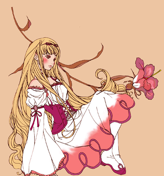 blonde_hair, corset, dress, flower, hair_ribbon, haruo, long_hair, luserina_barows
