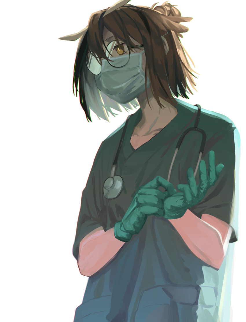 1girl, arknights, backlighting, brown_hair, collarbone, feather_hair, glasses, gloves, green_gloves, hair_bun, highres, mask, medical_scrubs, mouth_mask, orange_eyes, short_hair, silence_(arknights), simple_background, solo, stethoscope, surgical_mask, upper_body, white_background, zy