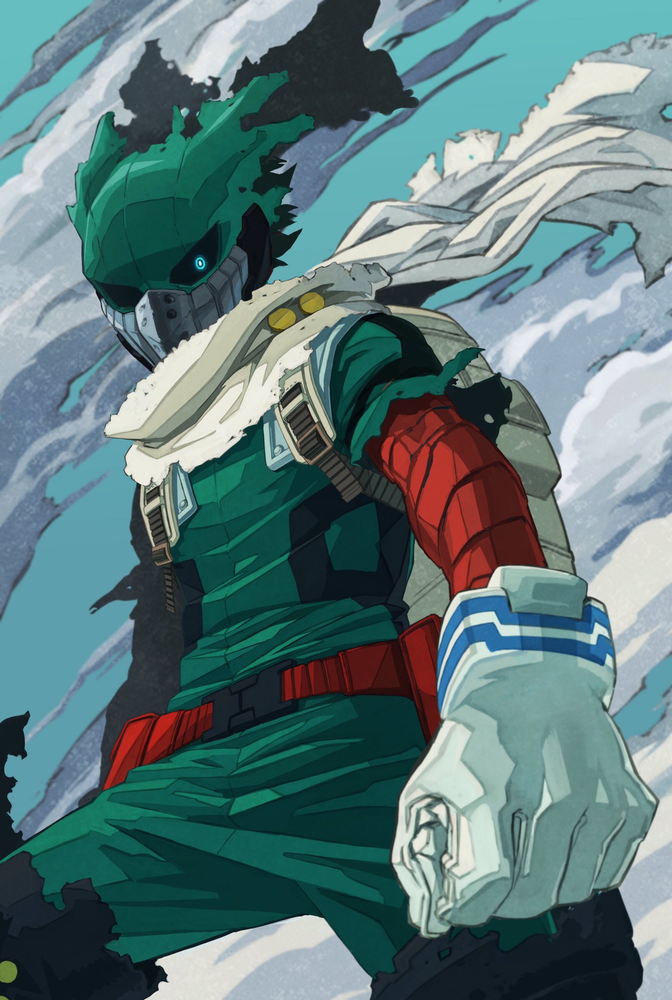 1boy, belt, blue_background, blue_eyes, bodysuit, boku_no_hero_academia, commentary_request, gloves