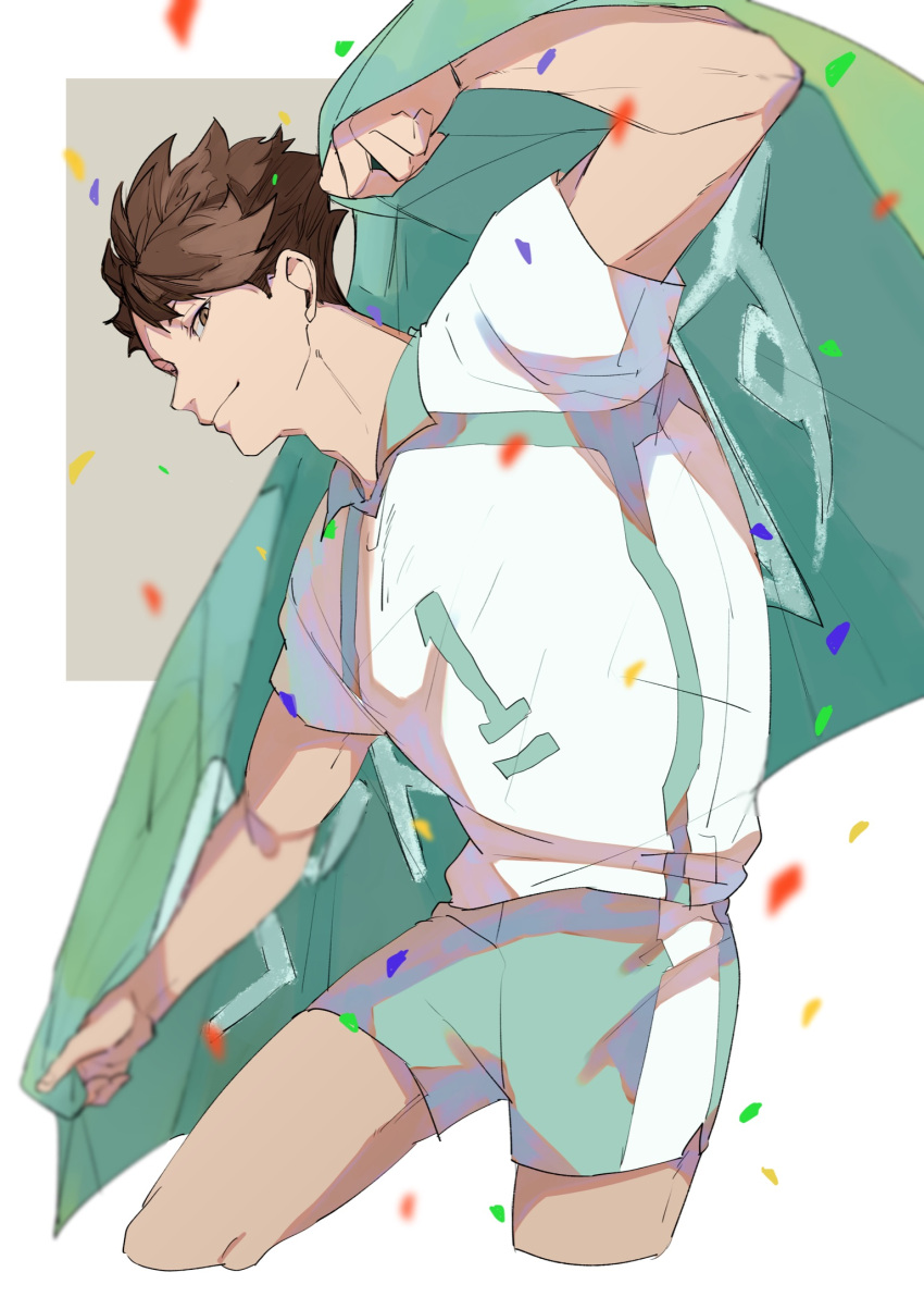 1boy, arms_up, bangs, brown_eyes, brown_hair, confetti, haikyuu!!, highres