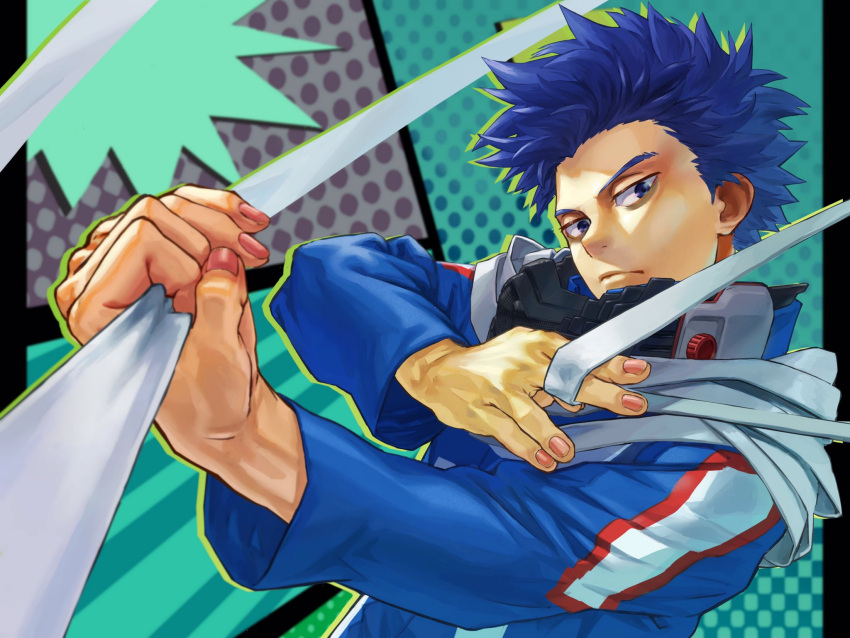 1boy, bags_under_eyes, between_fingers, blue_eyes, blue_hair, boku_no_hero_academia, commentary_request, dotted_background