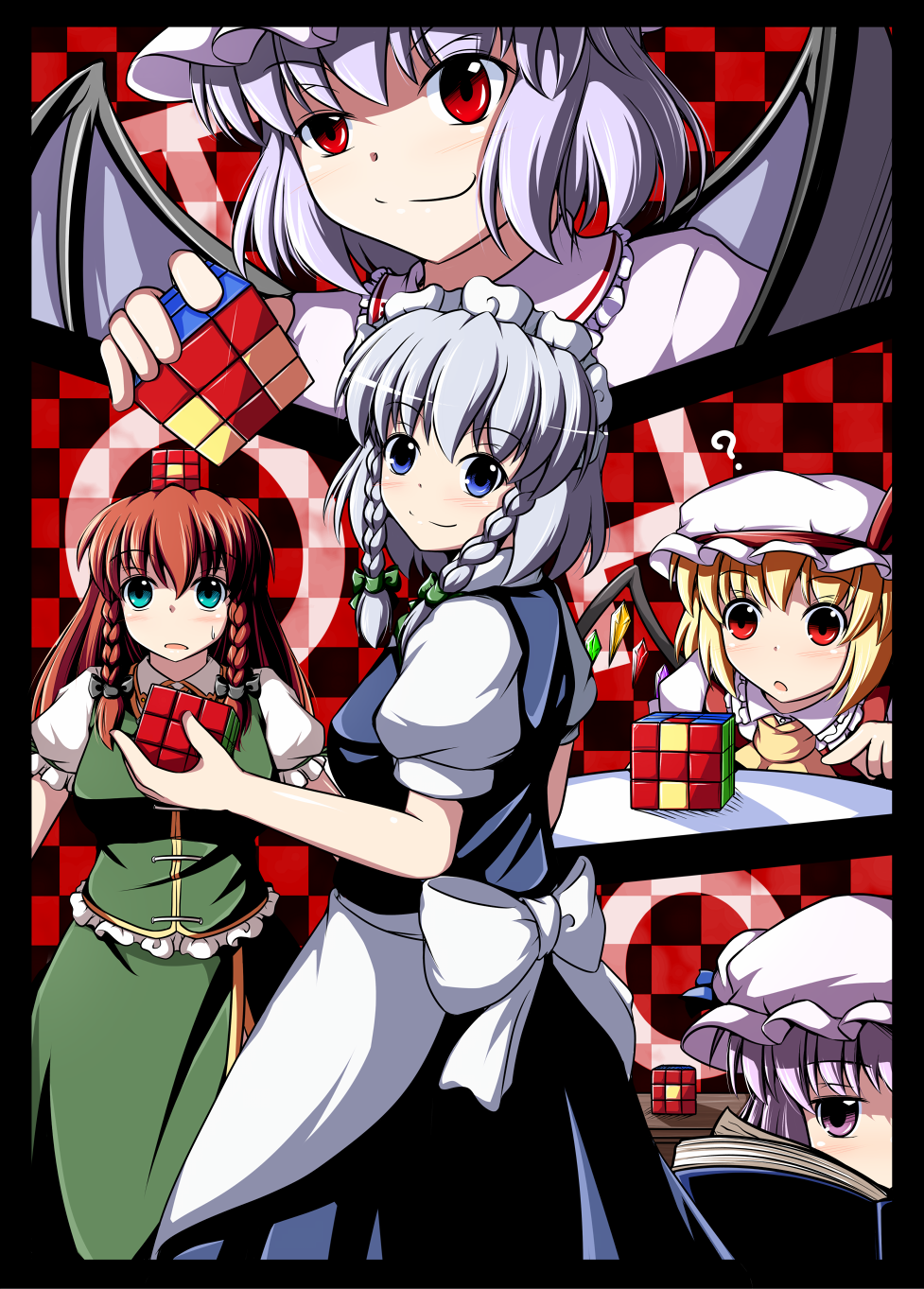 blonde_hair, blue_eyes, braid, flandre_scarlet, foferozze, highres, hong_meiling, izayoi_sakuya