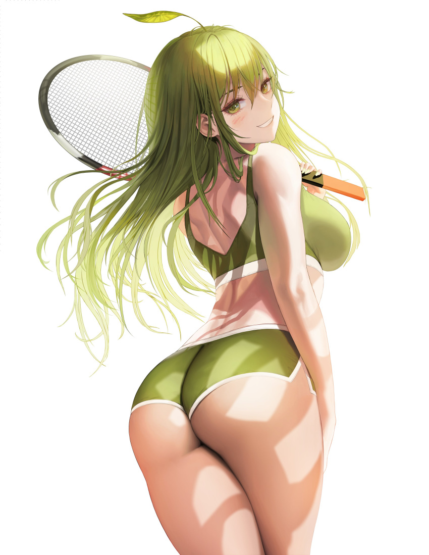 1girl, :d, absurdres, ahoge, arm_at_side, ass, bangs, bare_shoulders