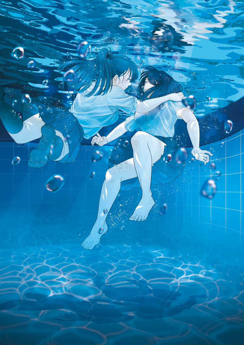 2girls, absurdres, barefoot, black_hair, black_legwear, black_skirt, blue_theme, bubble