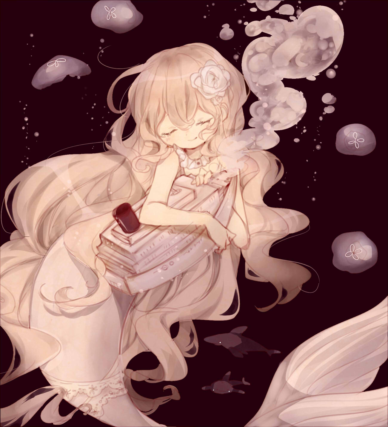 1girl, air_bubble, bangs, bare_arms, bare_shoulders, bubble, closed_eyes, coco_(hinatacoco)