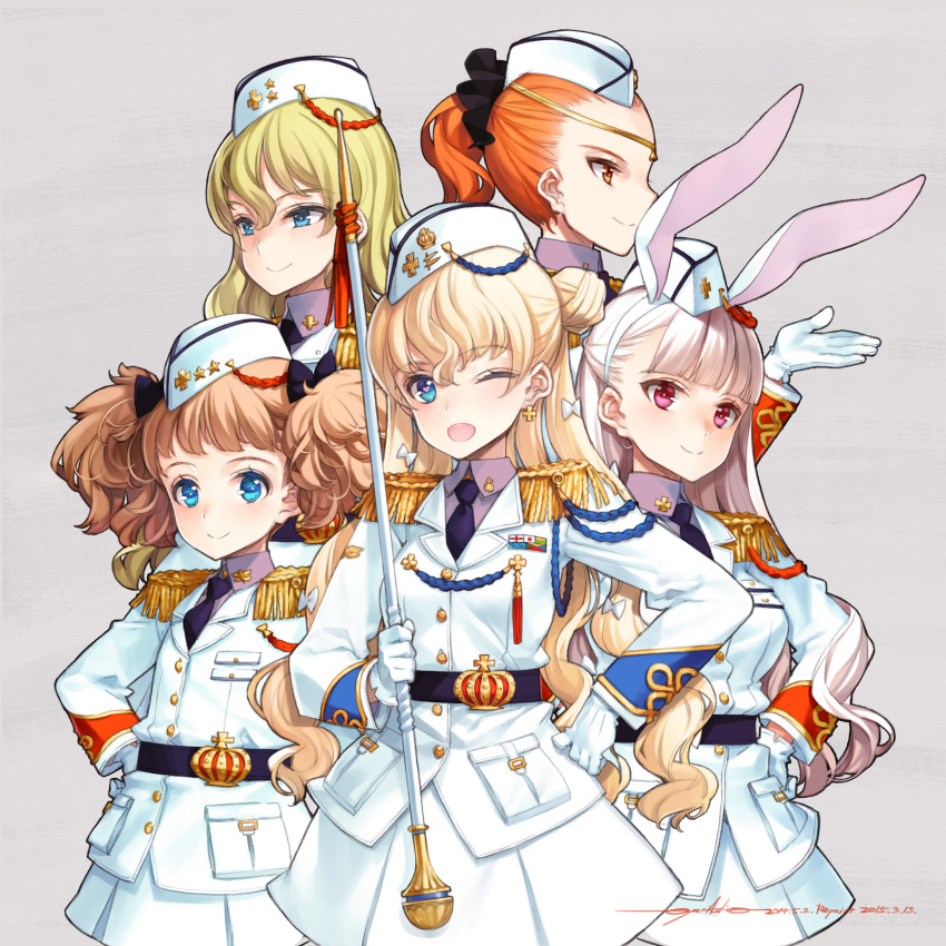 5girls, absurdres, animal_ears, bangs, bedivere_(eiyuu_senki), blonde_hair, blue_eyes, blunt_bangs, blush, brown_hair, crown, dated, double_bun, earrings, eiyuu_senki, epaulettes, garrison_cap, gloves, grey_background, hair_ornament, hand_on_hip, hat, highres, jewelry, king_arthur_(eiyuu_senki), long_hair, looking_at_viewer, military, military_uniform, mordred_(eiyuu_senki), multiple_girls, one_eye_closed, orange_eyes, orange_hair, oyari_ashito, pink_eyes, ponytail, rabbit_ears, revision, scepter, signature, simple_background, sir_kay_(eiyuu_senki), sir_percival_(eiyuu_senki), smile, twintails, uniform, upper_body, white_gloves, white_hair