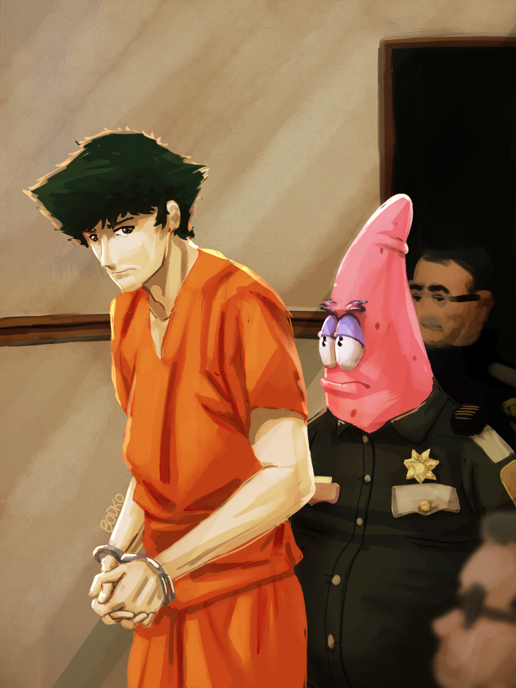 4boys, alternate_costume, artist_name, black_eyes, black_hair, black_shirt, blurry, blurry_background, blurry_foreground, bodko_(comradebodko), closed_mouth, collarbone, collared_shirt, colored_skin, commentary, cowboy_bebop, cuffs, depth_of_field, english_commentary, frown, glasses, handcuffs, indoors, looking_at_another, male_focus, multiple_boys, orange_pants, orange_shirt, patrick_star, pink_skin, prison_clothes, shackles, shirt, short_hair, short_sleeves, signature, spike_spiegel, spiky_hair, spongebob_squarepants, sunglasses, t-shirt, uniform, v-neck