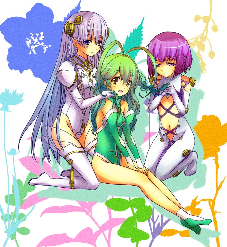 antenna_hair, ao-mio, ar_tonelico, ar_tonelico_i, ar_tonelico_ii, ar_tonelico_iii, bodysuit, boots, braid, detached_sleeves, flat_chest, frelia, gust, hair_ornament, hairdressing, kneeling, long_hair, multiple_girls, open_mouth, short_hair, shurelia, sitting, smile, thigh-highs, thigh_boots, thighhighs, tilia, twin_braids, utsugi_(skydream)