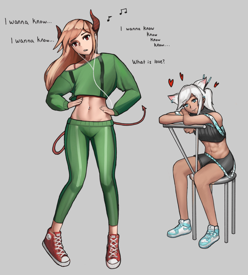 2girls, abs, absurdres, animal_ears, aqua_eyes, aqua_footwear, beamed_eighth_notes, black_shorts, blonde_hair, crop_top, dark_skin, dark-skinned_female, demon_tail, earphones, earphones, eighth_note, english_text, full_body, green_pants, green_shirt, grey_background, hair_ornament, hair_stick, hands_on_hips, heart, highres, horns, lunashiba, midriff, morgan_(lunashiba), multiple_girls, musical_note, original, pants, ponytail, red_eyes, red_footwear, shirt, shoes, shorts, simple_background, sitting, sleeveless, sleeveless_shirt, smile, soone_(lunashiba), standing, tail, white_hair