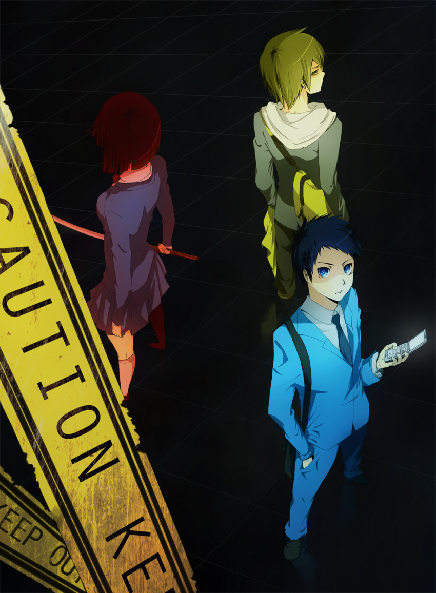 black_hair, blonde_hair, blue_eyes, bob_cut, breasts, caution_tape, cellphone, durarara!!