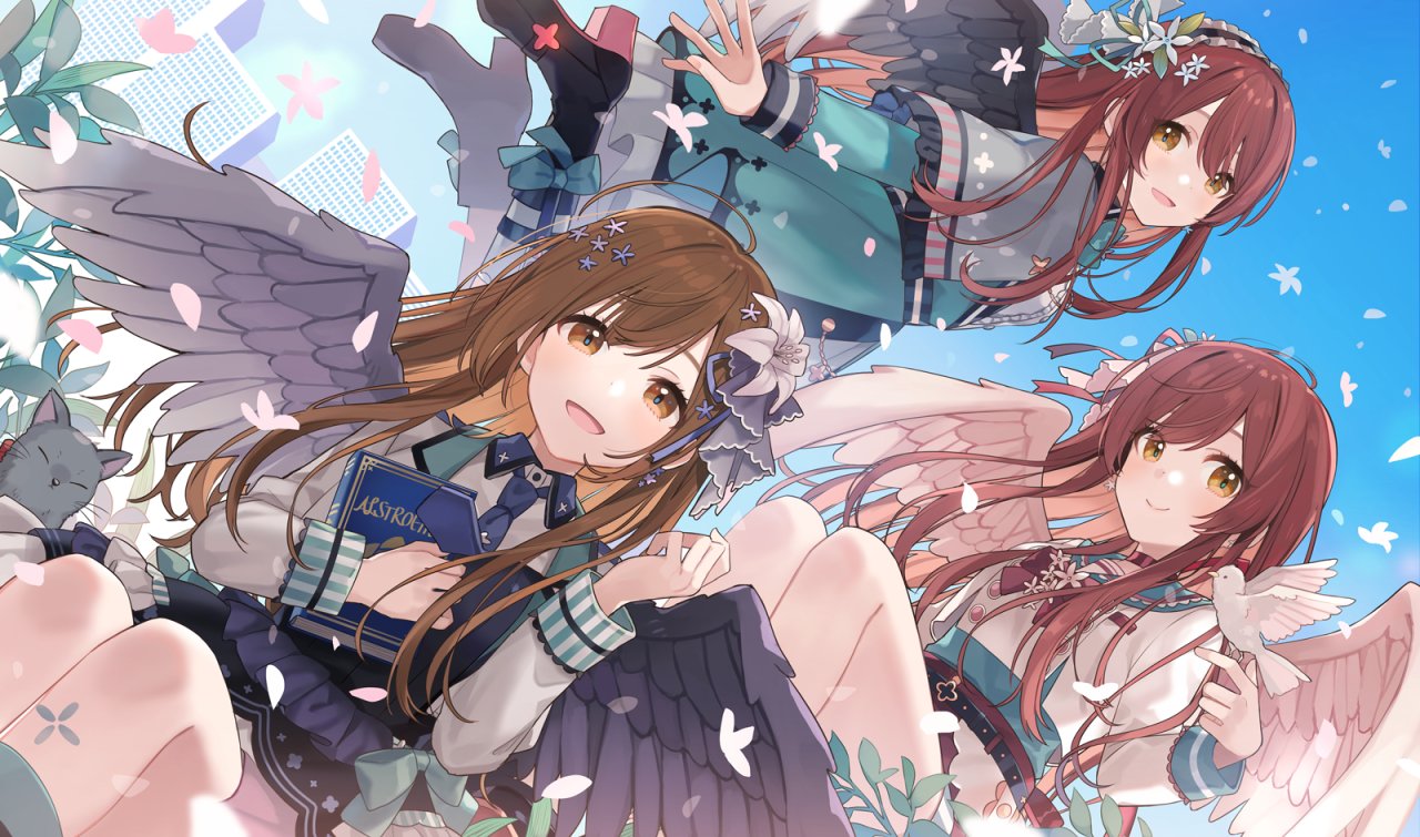3girls, :>, alstroemeria_(idolmaster), alternate_hairstyle, bangs, bare_legs, belt, bird