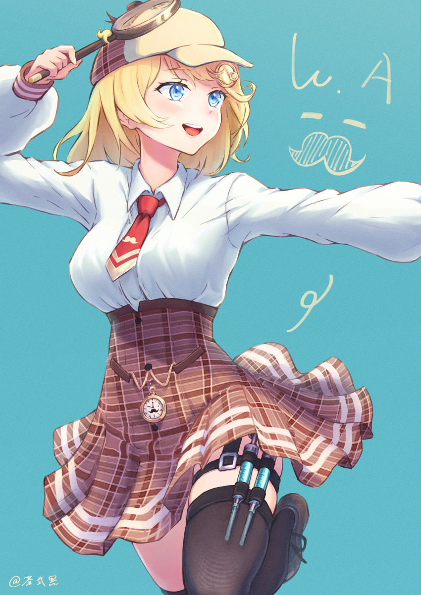 1girl, absurdres, aonikuro, aqua_background, black_legwear, blonde_hair, blue_eyes, blush