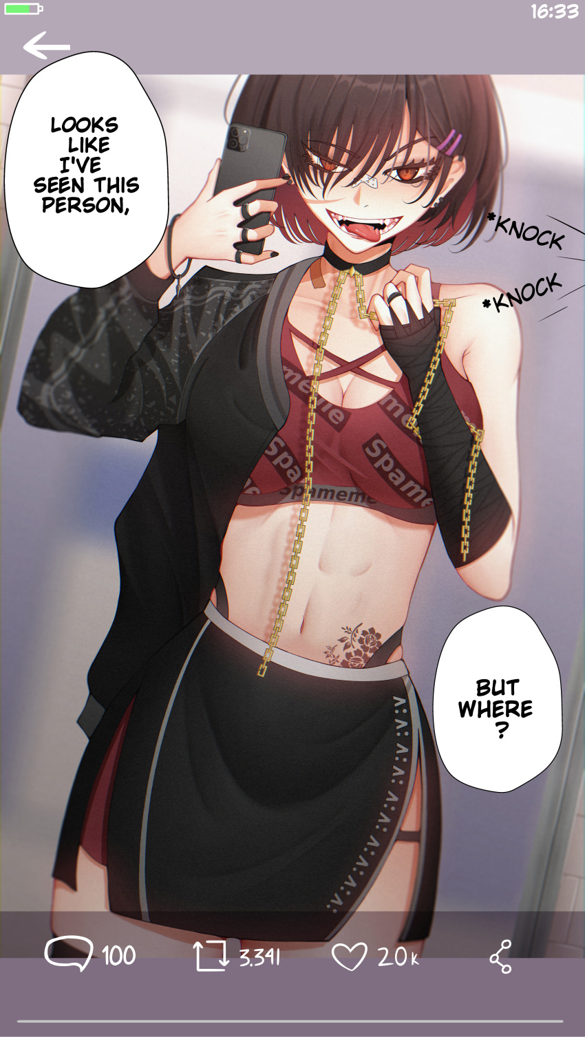 1girl, abs, absurdres, alfa_(alpharig), breasts, brown_hair, chain, choker, gradient_hair, gyaru, highres, huge_filesize, kogal, large_breasts, multicolored_hair, orange_eyes, original, short_hair, skirt