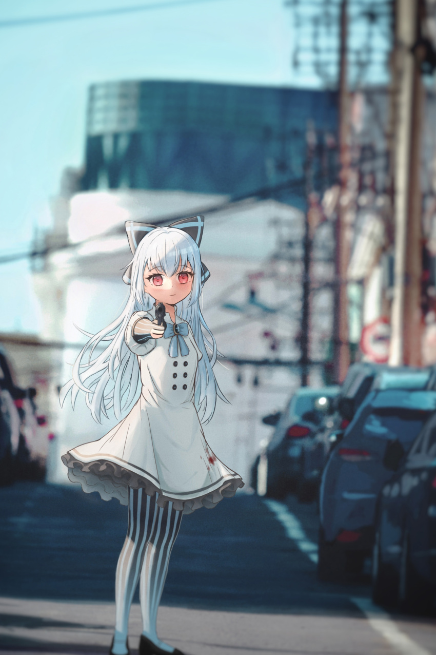 1girl, absurdres, aiming_at_viewer, blood, bloody_clothes, blush, girls_frontline, gun, handgun, highres, hsch, long_hair, outdoors, pinstripe_pattern, red_eyes, smile, solo, striped, tokarev_(girls_frontline), tokarev_tt-33, very_long_hair, weapon, white_hair