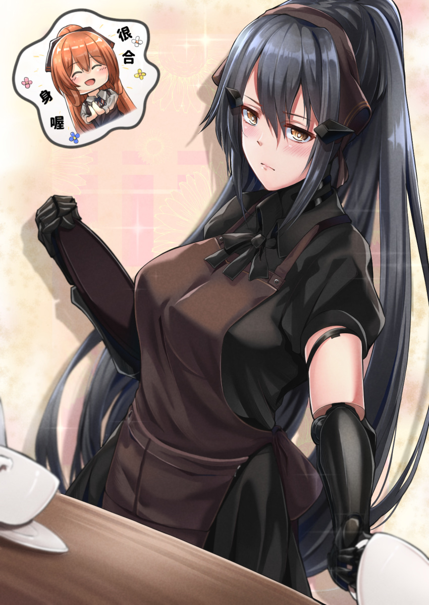 2girls, alternate_hairstyle, apron, black_hair, blush, breasts, dandelion_(girls_frontline), girls_frontline