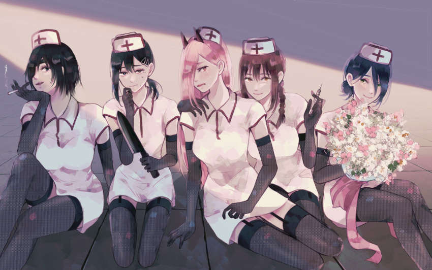 +_+, 5girls, alternate_costume, arm_around_shoulder, asymmetrical_hair, between_fingers, black_choker, black_gloves