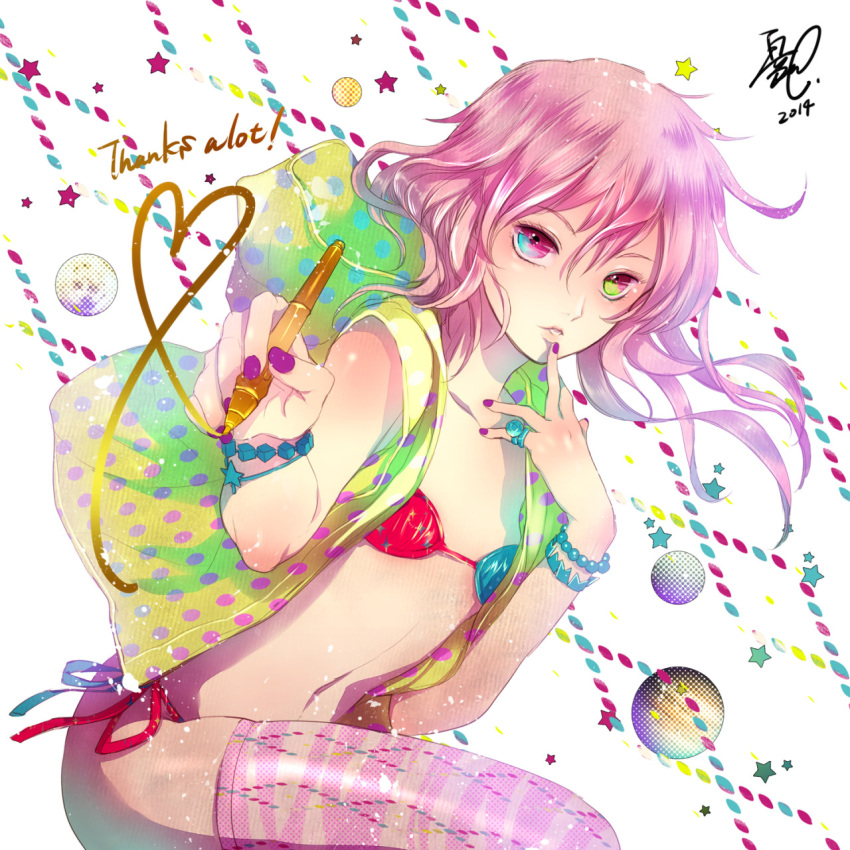 1girl, 2014, aqua_eyes, asymmetrical_bikini, bikini, bracelet, cowboy_shot, english_text