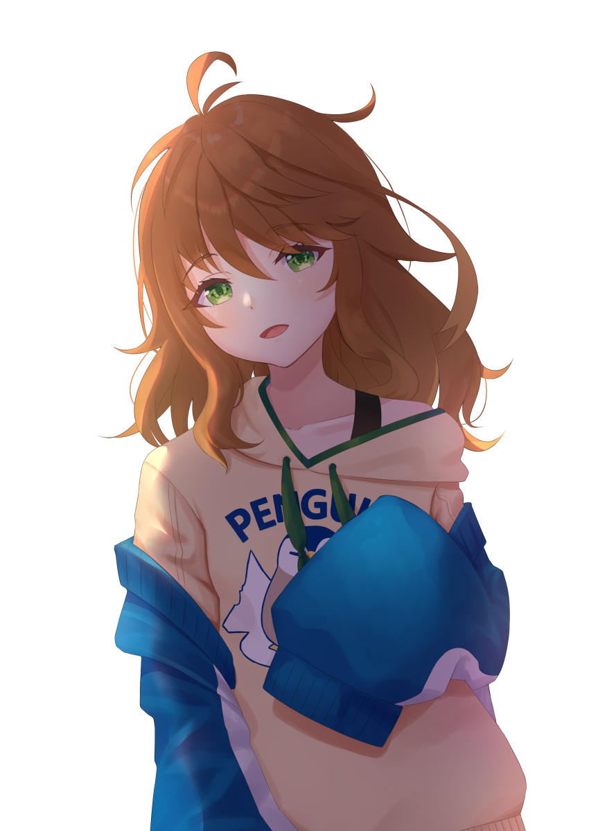 1girl, absurdres, amicia_michella, antenna_hair, bangs, blue_jacket, blush, brown_hair