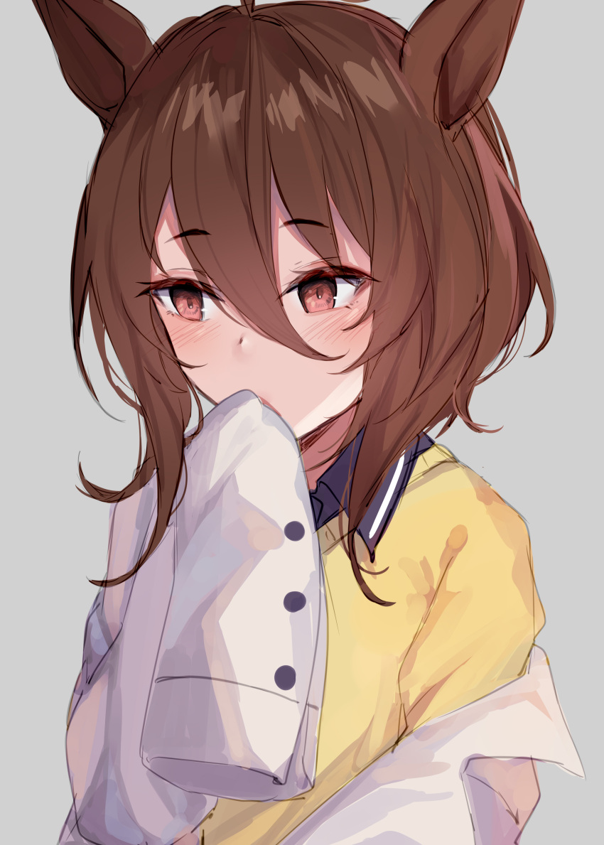 1girl, absurdres, agnes_tachyon_(umamusume), animal_ears, bangs, black_shirt, blush, brown_hair