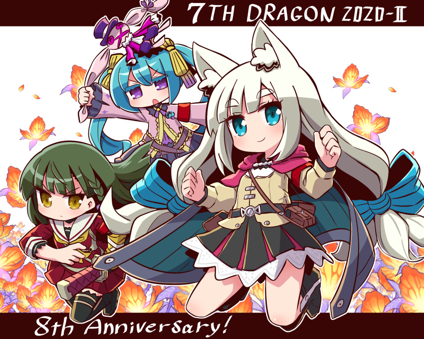 3girls, 7th_dragon_(series), 7th_dragon_2020, 7th_dragon_2020-ii, :o, anniversary, bangs, black_footwear