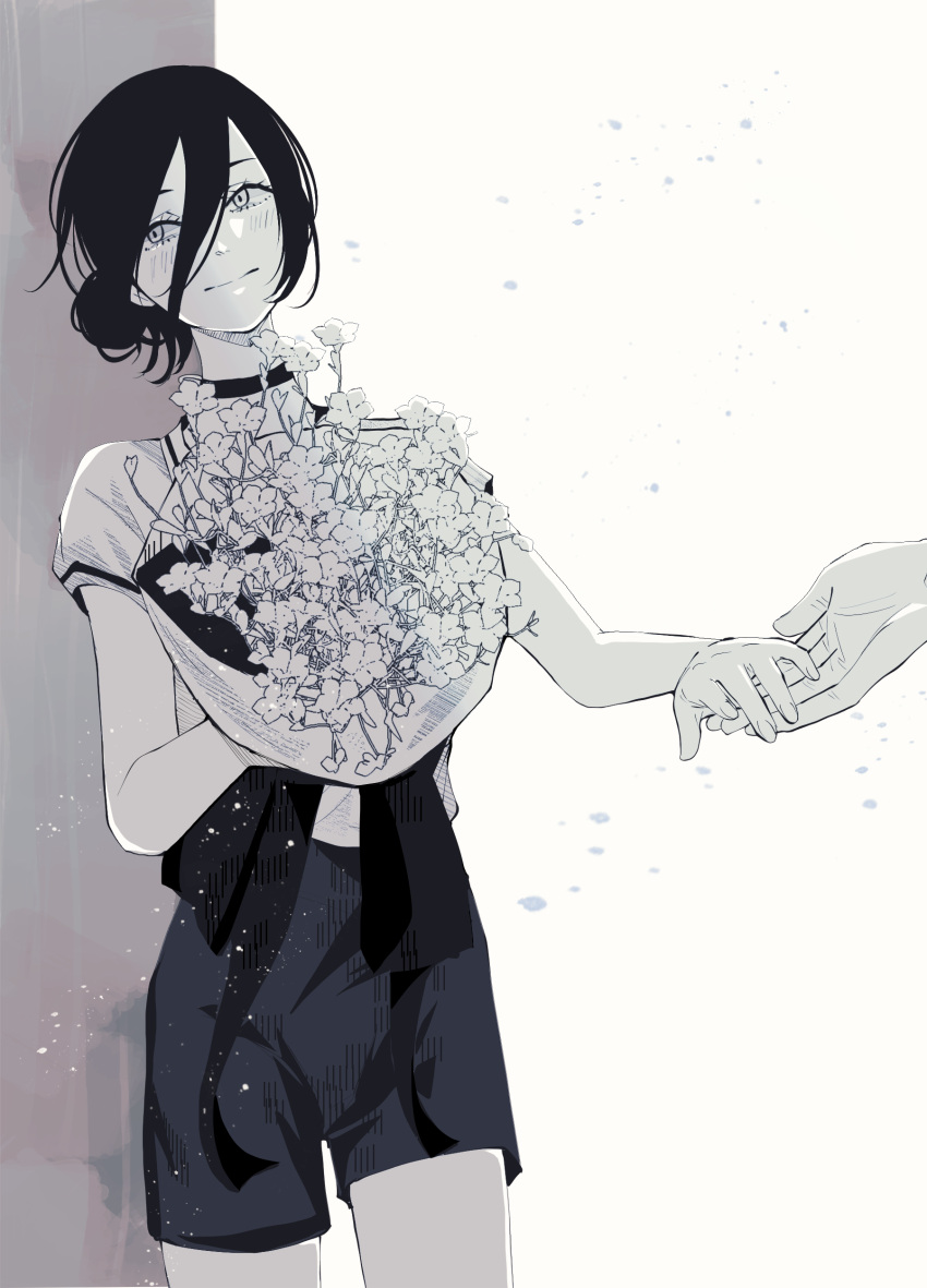 1girl, absurdres, blush, bouquet, chainsaw_man, choker, closed_mouth, collared_shirt