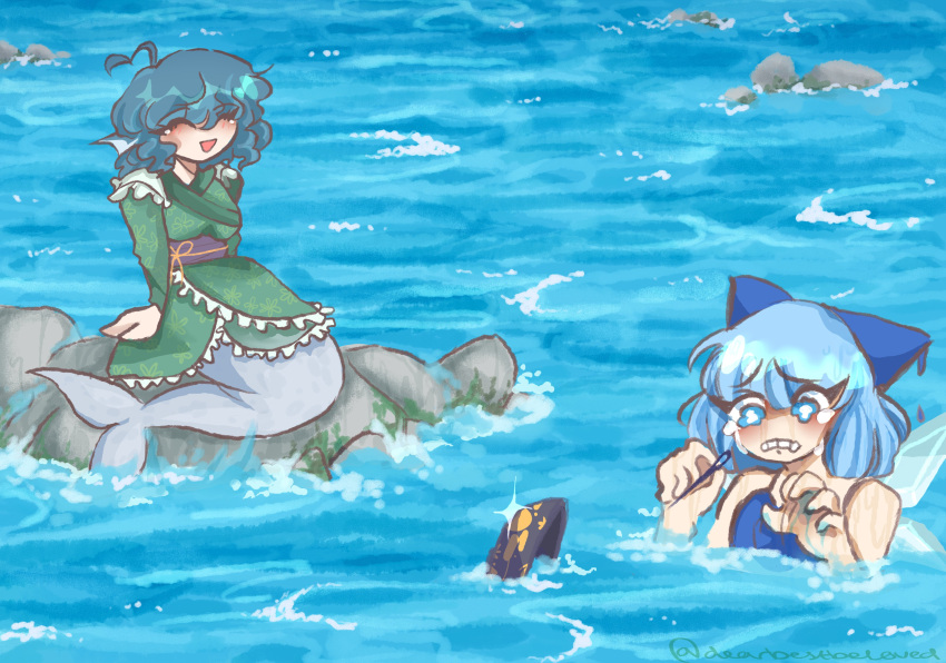 3girls, absurdres, asphyxiation, bittersweetwomb, blue_eyes, blue_hair, bowl, cirno