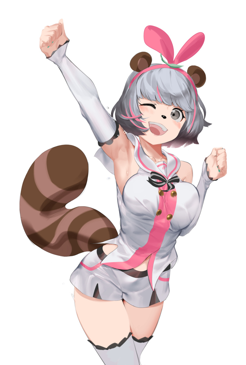 1girl, ;d, animal_ears, arm_up, armpits, bangs, bare_shoulders, blush