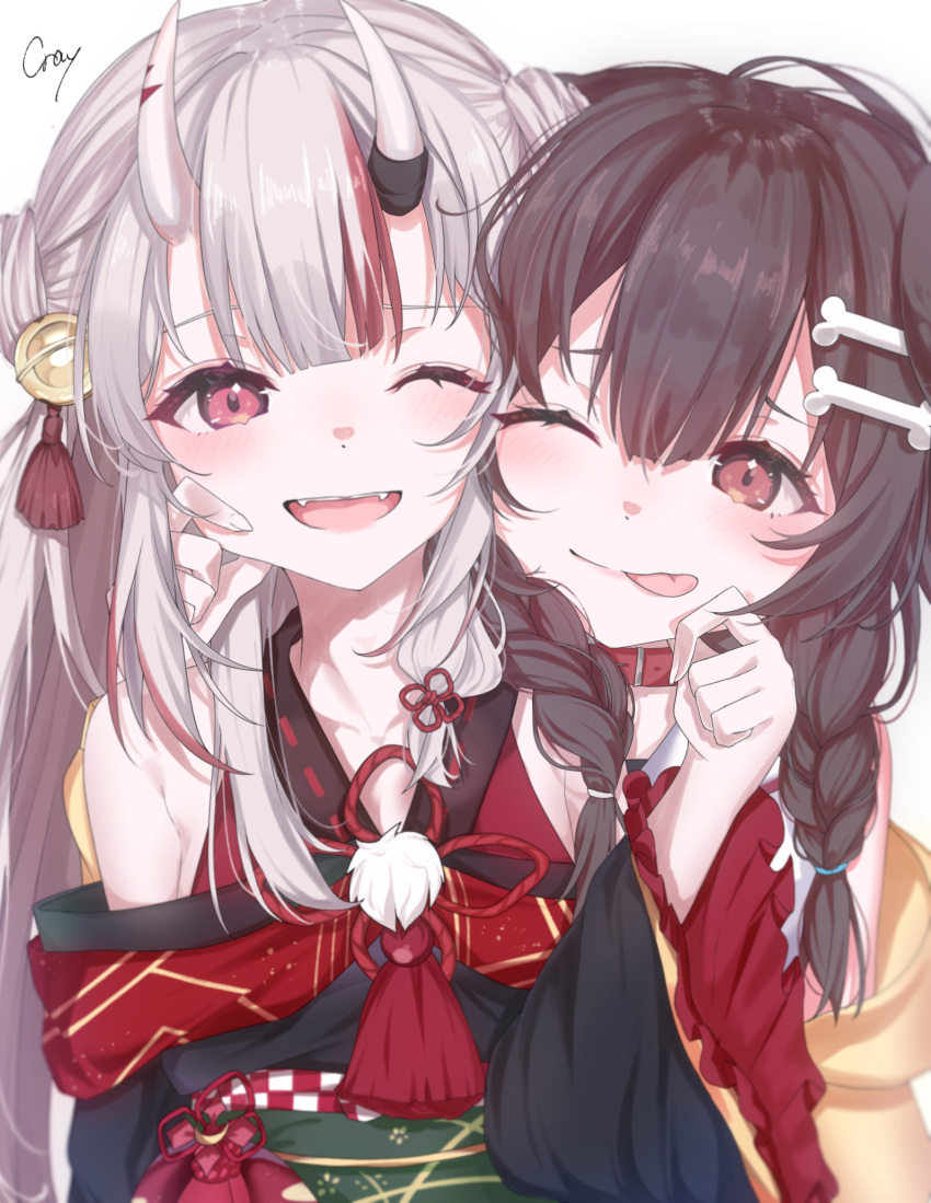 2girls, ;p, animal_ears, bangs, bare_shoulders, bell, black_hair, black_kimono