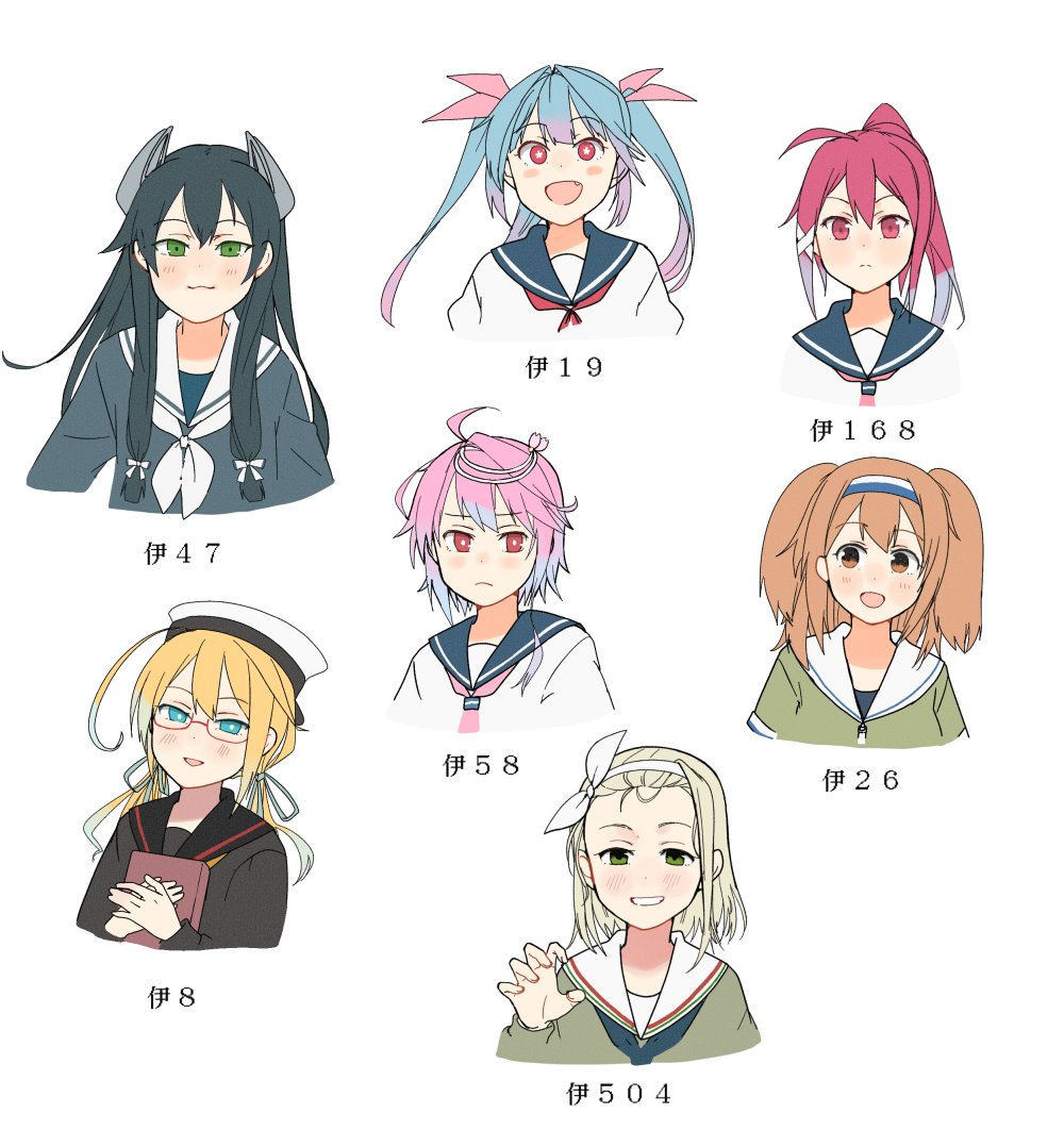 6+girls, :d, ahoge, annin_musou, black_hair, black_neckwear, black_sailor_collar, blonde_hair