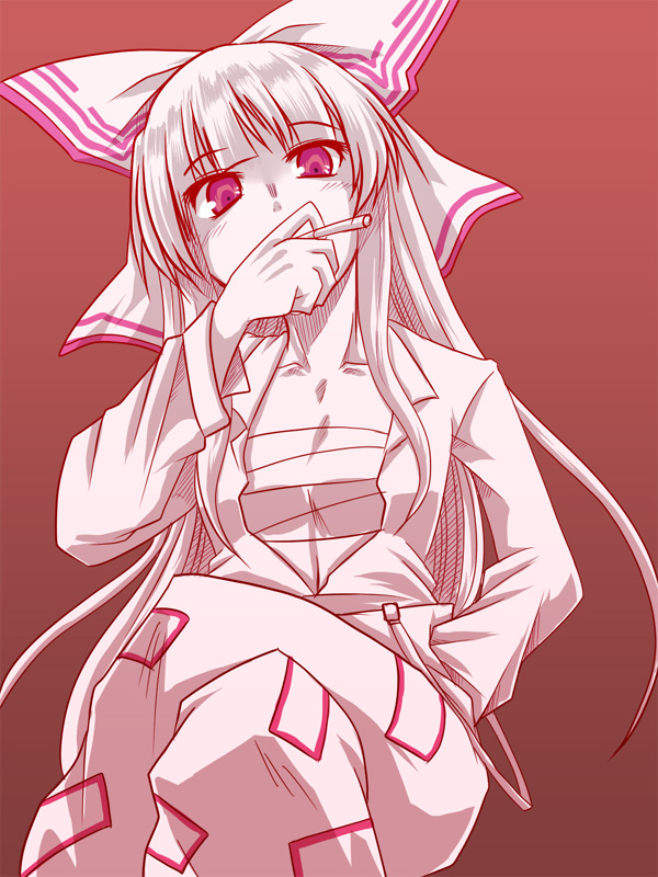 cigarette, crossed_legs, fujiwara_no_mokou, hair_ribbon, hand_in_pocket, kuon846, monochrome, open_clothes, open_shirt, pink, red_eyes, ribbon, sarashi, shirt, sitting, solo, touhou