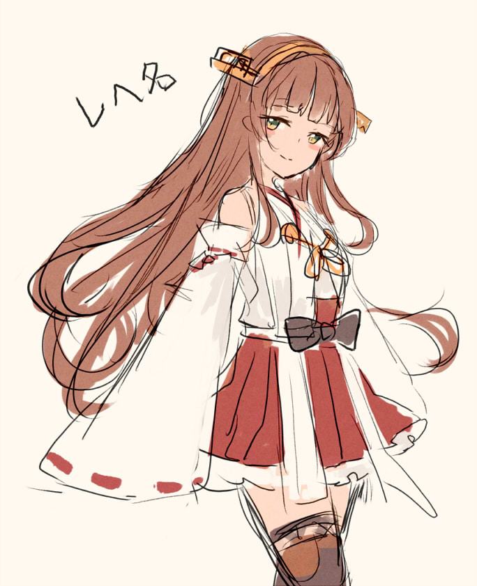 1girl, bangs, beige_background, blunt_bangs, boots, brown_eyes, brown_hair, commentary_request, cosplay, cowboy_shot, detached_sleeves, hairband, haruna_(kancolle), haruna_(kancolle)_(cosplay), headgear, helena_(kancolle), japanese_clothes, kantai_collection, long_hair, looking_at_viewer, ribbon-trimmed_sleeves, ribbon_trim, solo, thigh-highs, thigh_boots, wss_(nicoseiga19993411)