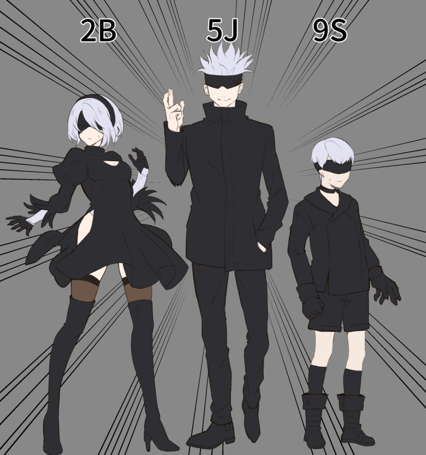 1girl, 2boys, bangs, black_blindfold, black_choker, black_dress, black_footwear, black_gloves