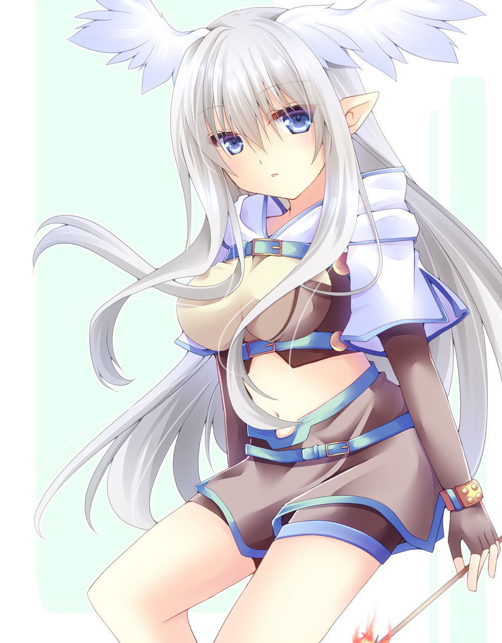 1girl, arrow_(projectile), bangs, blue_eyes, breasts, brown_gloves, brown_shirt, brown_shorts