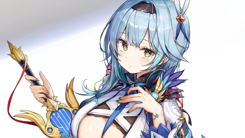 1girl, bamgs, black_shorts, blue_hair, breasts, cleavage_cutout, clothing_cutout, eula_(genshin_impact), eyebrows_visible_through_hair, genshin_impact, hairband, highres, holding, holding_sword, holding_weapon, kiriko_(araragikoyomi), large_breasts, looking_at_viewer, shirt, short_shorts, shorts, simple_background, sitting, solo, sword, weapon, white_background, white_shirt, yellow_eyes