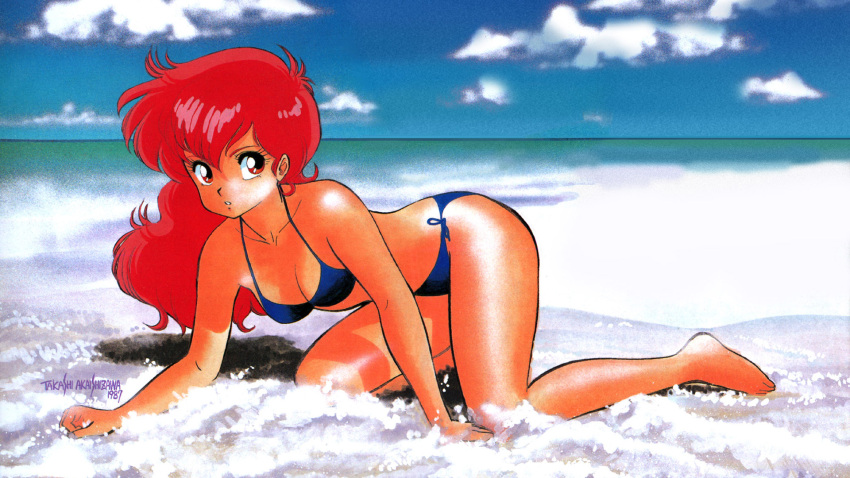 1980s_(style), 1girl, akaishizawa_takashi, all_fours, artist_name, barefoot, beach, bikini