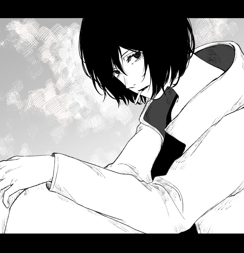 1boy, absurdres, breasts, cigarette, commentary, expressionless, fire_punch, grey_background