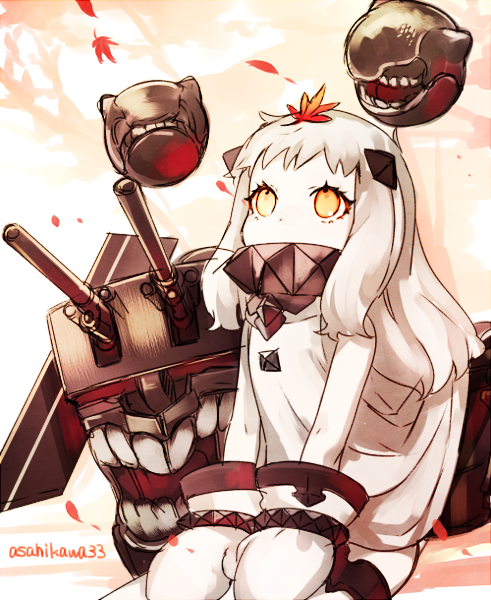 1girl, abyssal_ship, asahikawa_hiyori, autumn_leaves, bangs, colored_skin, dress, enemy_aircraft_(kancolle)