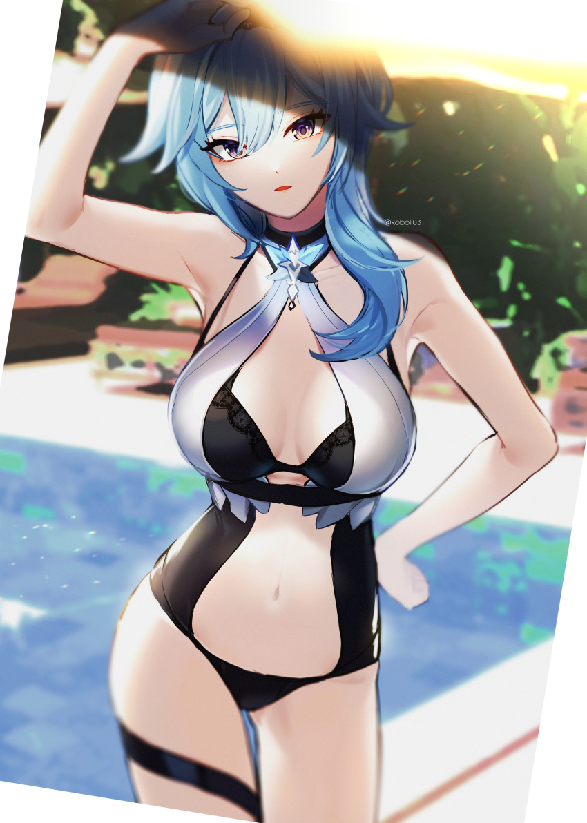 1girl, absurdres, aqua_hair, arm_up, asymmetrical_hair, bangs, blurry, blurry_background