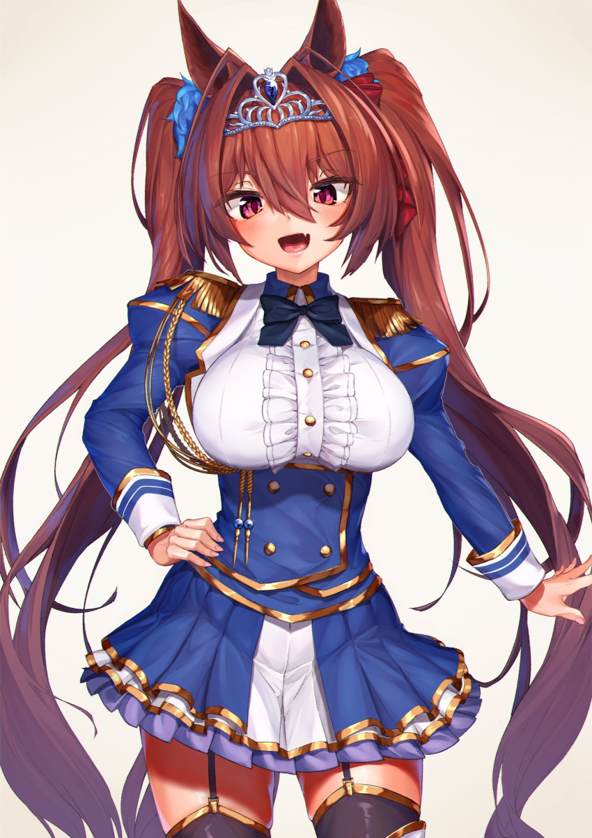 1girl, :d, animal_ears, black_garter_straps, black_legwear, blue_corset, blue_skirt, blue_sleeves