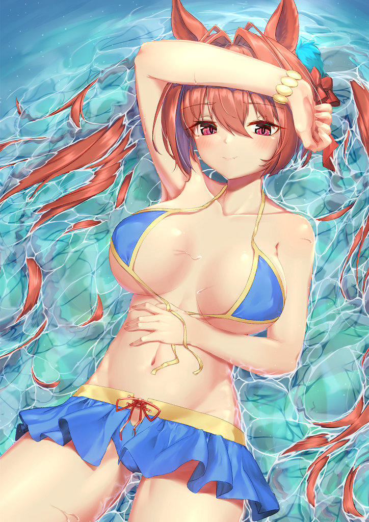 1girl, animal_ears, bikini, bikini_skirt, blue_bikini, blush, bow, bracelet