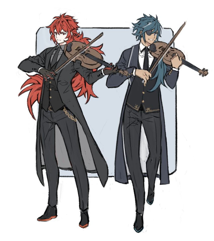 2boys, alternate_costume, bangs, belt, black_footwear, black_jacket, black_pants, black_vest