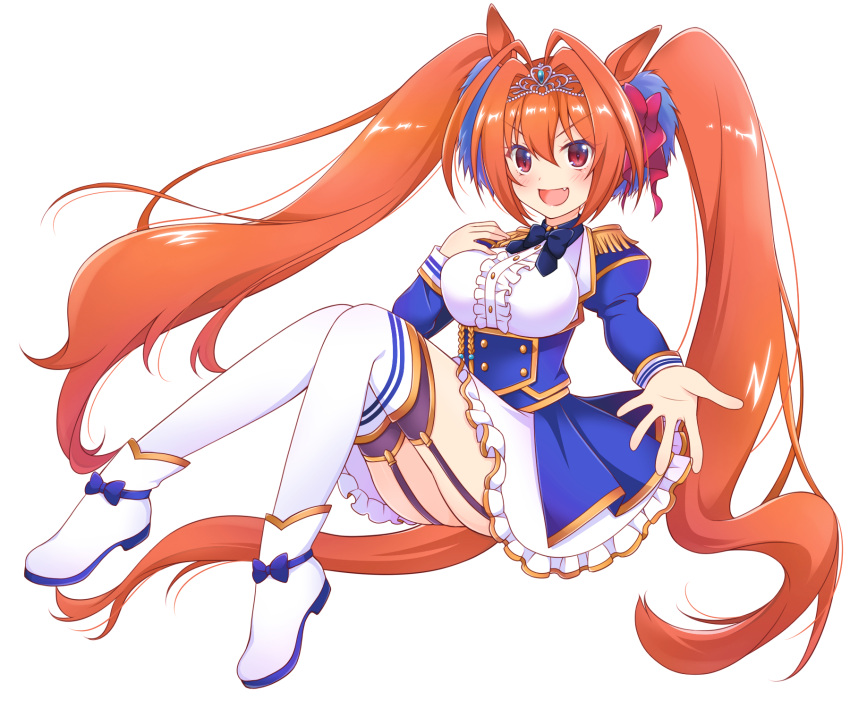 1girl, :d, animal_ears, bare_shoulders, blue_corset, blue_jacket, blue_skirt, blush, boots, bow, breasts, casual, collarbone, commentary_request, daiwa_scarlet_(umamusume), detached_sleeves, epaulettes, fang, hair_bow, highres, horse_ears, horse_girl, horse_tail, jacket, kuma_no_omimi, large_breasts, long_hair, open_mouth, orange_hair, outstretched_hand, purple_garter_straps, red_bow, red_eyes, shirt, sitting, skirt, smile, solo, tail, thigh-highs, tiara, twintails, umamusume, very_long_hair, white_footwear, white_legwear, white_shirt