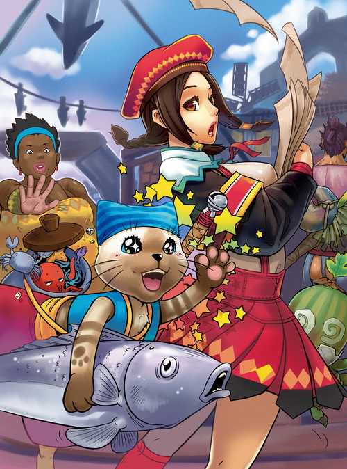 brown_eyes, brown_hair, cat, cha-cha, chief's_son_(monster_hunter_3), felyne, fish, fishmongress_(monster_hunter_3), flying_paper, guild_sweetheart, hairband, hat, itinerant_cook, monster_hunter, monster_hunter_3, paper, skirt, yukiusagi1983
