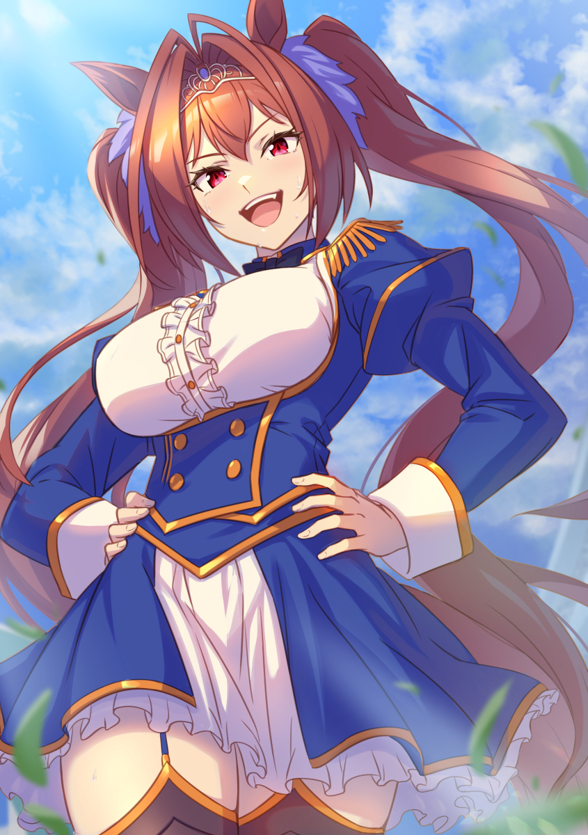 1girl, :d, black_legwear, blue_garter_belt, blue_jacket, blue_skirt, blue_sky, breasts
